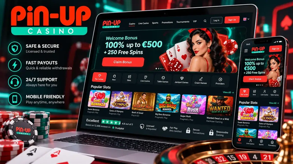 Лобби Pin Up на ноутбуке и телефоне: приветственное предложение и популярные слоты