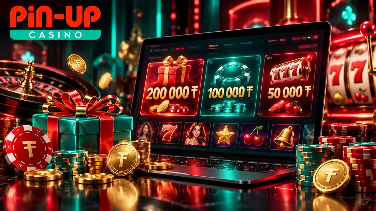 Ноутбук со страницей бонусов Pin Up: подарок, слот 777 и карточки акций