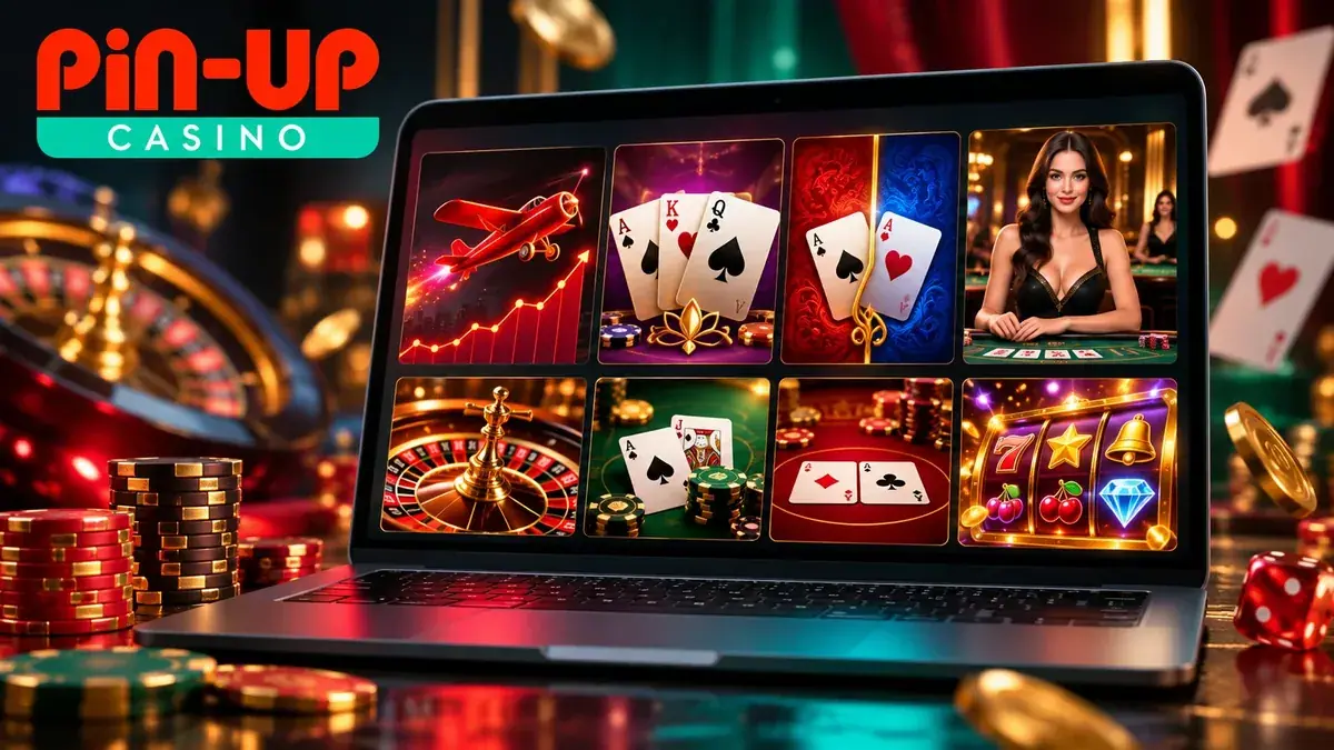 Ноутбук с сеткой игр Pin Up: слоты, карты, рулетка и краш-игра